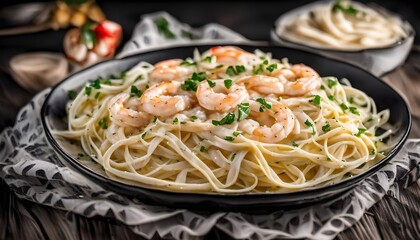 delicious shrimp fettuccine alfredo pasta on a black rustic background.