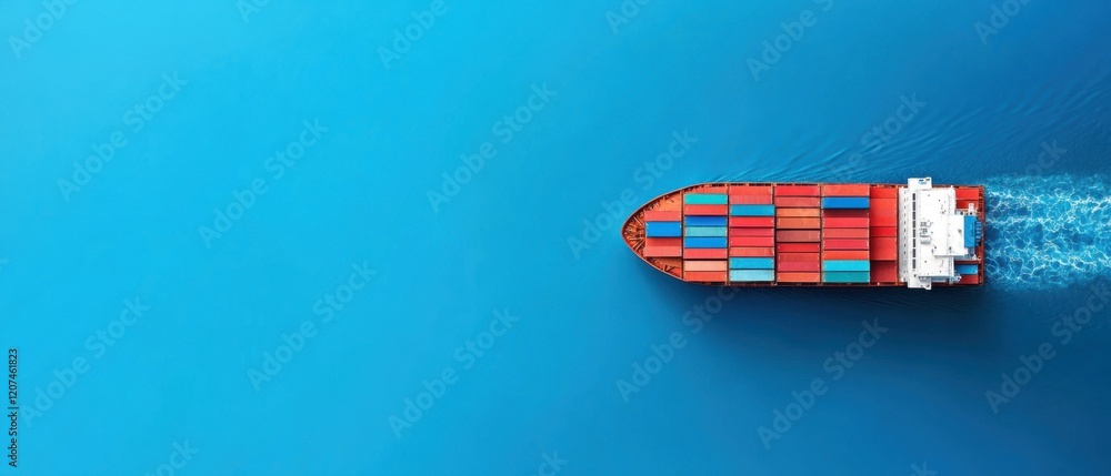 Poster cargo ship navigating through clear blue waters with colorful containers aboard above view