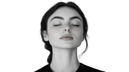 A serene female face with closed eyes, expressing calmness and tranquility against a white background for a meditative feel.