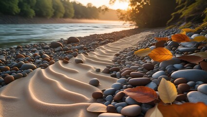 Riverside Sand Spread with Pebbles and Leaves in Dawn Light
