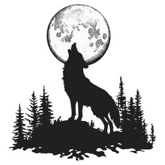 moonlit wolf silhouette in the woods vector on a white background