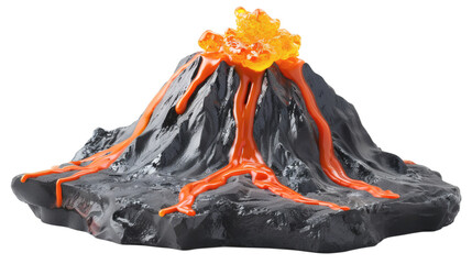 Erupting volcano with lava flowing down sides, isolated on white background