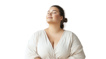 A serene woman with closed eyes enjoying a peaceful moment, dressed in a light, flowing top against a white isolate background.