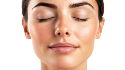 A serene woman with closed eyes and a peaceful expression, conveying tranquility and relaxation against a white isolated background.