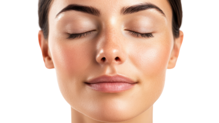 A serene woman with closed eyes and a peaceful expression, conveying tranquility and relaxation against a white isolated background.