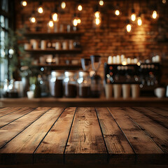 Wooden Shelf with a Coffee Shop Backdrop - Product Photography Mockup - Generative AI