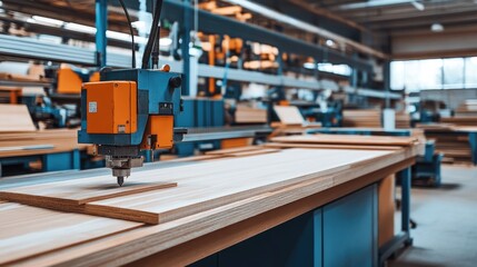 Fototapeta premium A modern woodworking factory with computer-controlled machinery cutting and shaping wood.