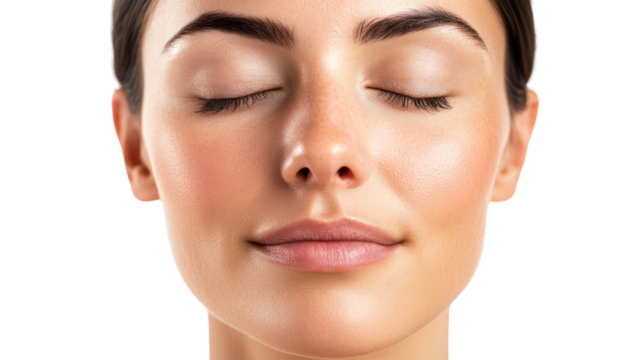 A serene woman with closed eyes and a peaceful expression, conveying tranquility and relaxation against a white isolated background.