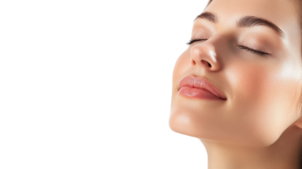 A serene young woman with her eyes closed, enjoying a moment of peace and tranquility, showcasing radiant skin and a natural, glowing expression.