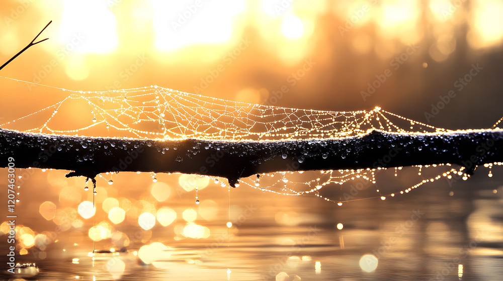 Poster a shimmering spider web catches sunlight over a tranquil water surface, creating a serene and magica