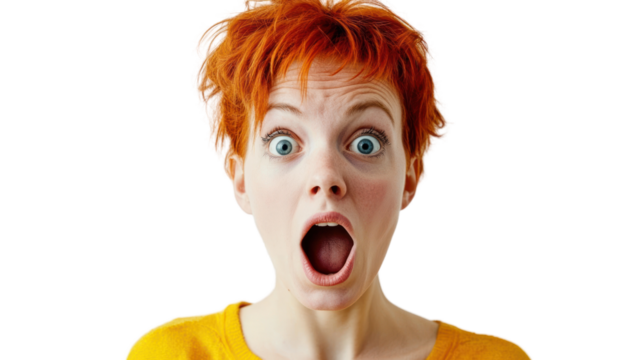 A shocked woman with bright orange hair and wide-open eyes expressing surprise and disbelief, set against a white isolate background.