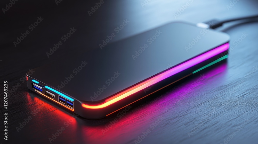 Poster a sleek external hard drive with colorful leds indicating data transfer.