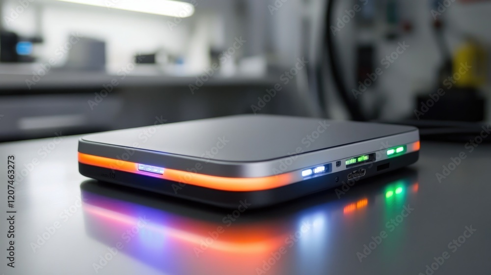 Poster a sleek external hard drive with colorful leds indicating data transfer.