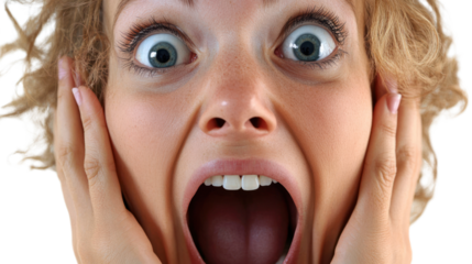 A shocked woman with wide eyes and open mouth expressing intense emotion, hands on face. Suitable for conveying surprise or fear.
