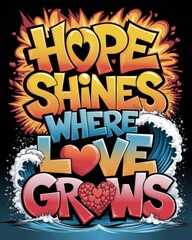 A vibrant graffiti-style design featuring the inspiring quote "Hope Shines Where Love Grows," with bold typography, colorful elements, and artistic details for a positive message
