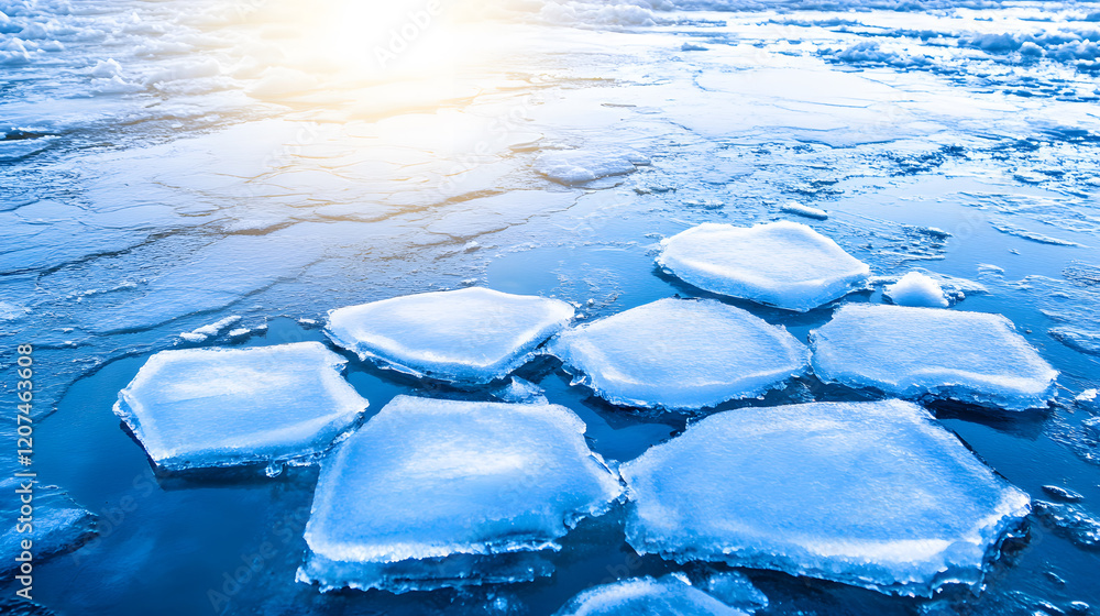Poster a serene scene of ice formations on a frozen surface, illuminated by soft sunlight, creating a tranq