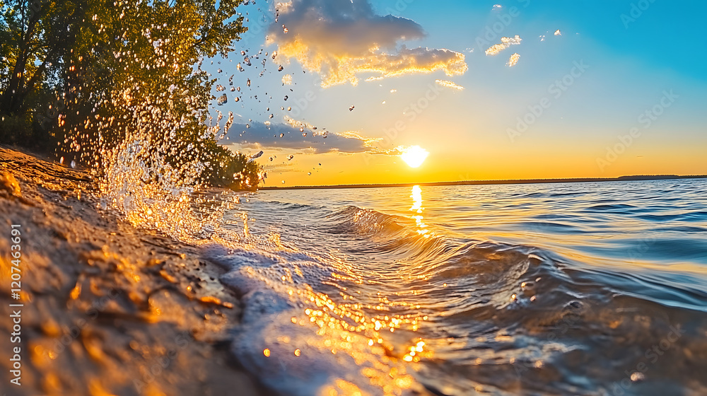 Poster a serene sunset reflects on water, with gentle waves lapping at the shore and splashes captured in t