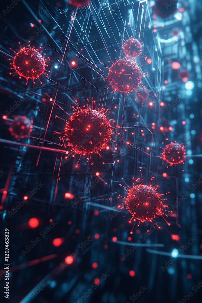 Poster Abstract digital design with red virus-like spheres connected by glowing lines