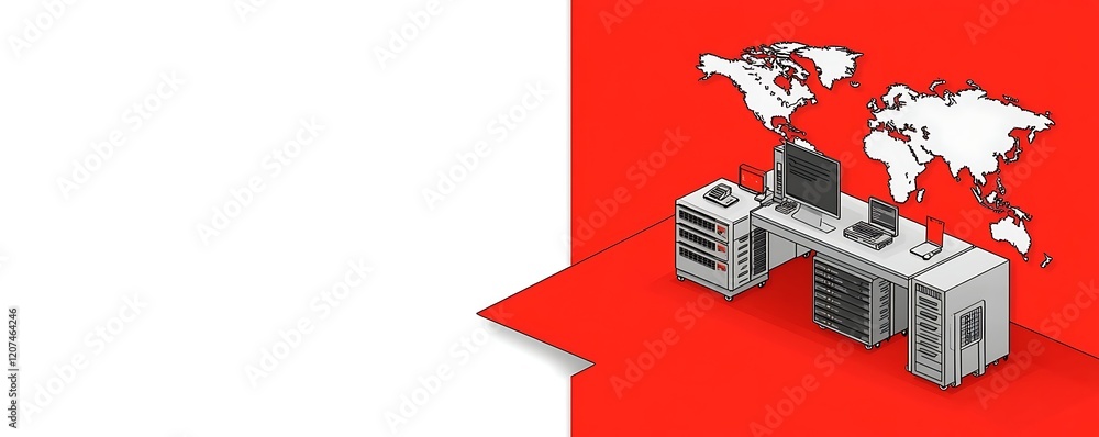 Poster global network server room: isometric illustration of a data center with world map