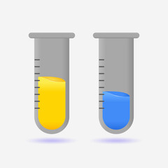 3D REALISTIC BEAKER GLASS WITH YELLOW AND BLUE CHEMICAL LIQUID ICON ILLUSTRATION
