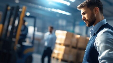 Businessman Observing Operations in Warehouse with Forklift in Background