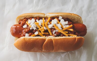 Tasty chili cheese dog with onions and cheddar