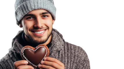 A smiling young man wearing a beanie holds a heart-shaped chocolate cookie, showcasing warmth and joy in a cozy winter setting.
