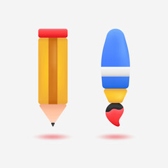 3D REALISTIC PENCIL AND PAINTBRUSH ICON ILLUSTRATION