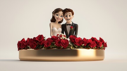 Cartoon couple figure on wedding cake with red roses and elegant design displayed in bright studio lighting