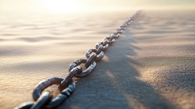 Rusty Chain Links in Desert Landscape Under Bright Sunlight