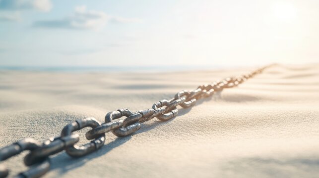 Rusty Chain on Sandy Beach with Soft Sunlight and Ocean Background