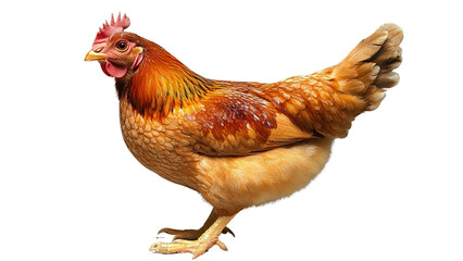A chicken with a red comb and yellow ear stands on a white background. The chicken is a rooster, and it is standing on its hind legs