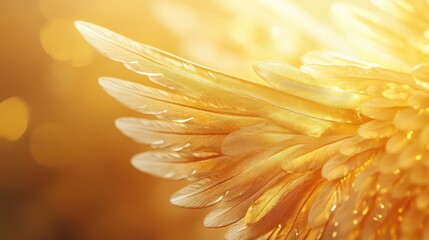 Close-Up View of Delicate Golden Feather Wings on Shimmering Background