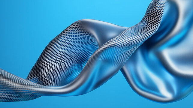 A blue and silver fabric with a wave pattern. The fabric is hanging in the air