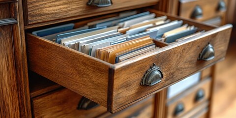 Open wooden drawer revealing neatly organized files in antique cabinet