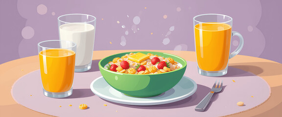 Cheerful and Wholesome Breakfast Spread with Toast, Cereal, Milk, and Juice – Complete Healthy Breakfast