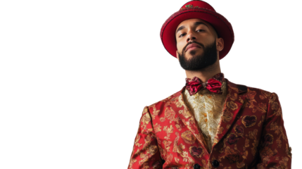 A stylish man wearing a vibrant floral suit and a matching hat, exuding confidence and charisma in a fashion-forward look.