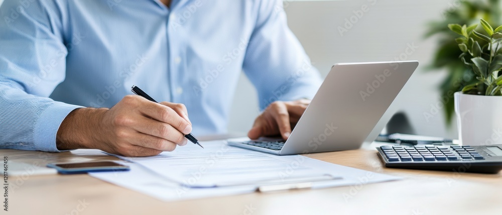 Aufkleber professional business person working on a laptop while writing notes and using a calculator at an of
