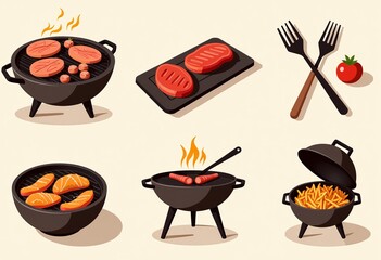 モダンなバーベキュークリップアート：個別の要素、詳細、正確、ソフトカラー、影なし、高品質、シンプルなデザイン、ベクターセット、BBQテーマ、ミニマリスト。

