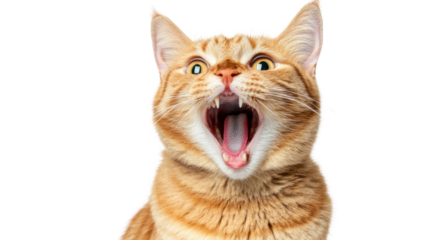 A surprised orange tabby cat with wide eyes and an open mouth, set against a white isolated background.