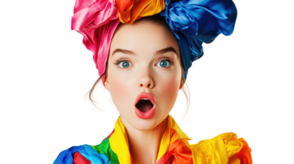 A surprised woman with colorful hair wraps and vibrant clothing, exuding an expression of joy and astonishment against a white background.