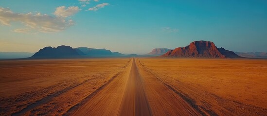 Fototapeta premium A long, winding dirt road leads through the desert toward a mountain range in the distance.