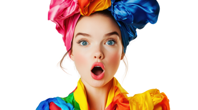 A surprised woman with colorful hair wraps and vibrant clothing, exuding an expression of joy and astonishment against a white background.