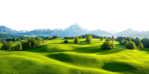 Fototapeta premium A picturesque landscape of lush green rolling hills adorned with scattered trees, leading to a majestic range of snow-capped mountains under a bright, clear sky. 