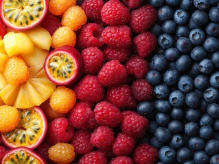 A vibrant display of assorted fruits, including passion fruit, raspberries, and blueberries, arranged in colorful stripes.