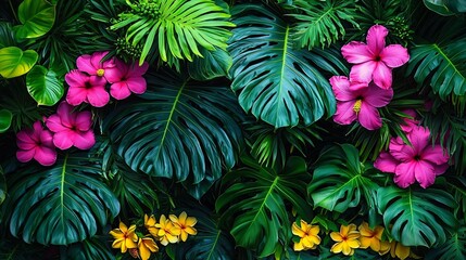 Lush tropical foliage with pink hibiscus and yellow plumeria blossoms in a dense green setting