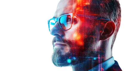 A thoughtful man wearing glasses, with a digital overlay representing data and technology, isolated on a white background.