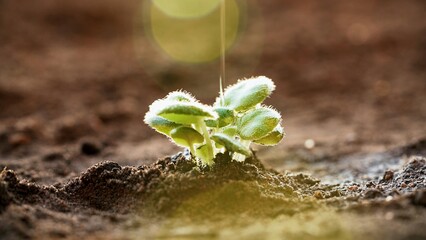 A farmer watering a young plant sprout on agricultural field at sunset. Concept of growth, care, sustainability, protecting earth, gardening, green environment, agriculture, spring works, new life