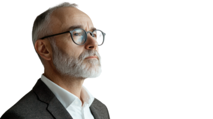 A thoughtful older man with glasses and a beard, dressed in a suit, gazing into the distance, showcasing a contemplative demeanor.
