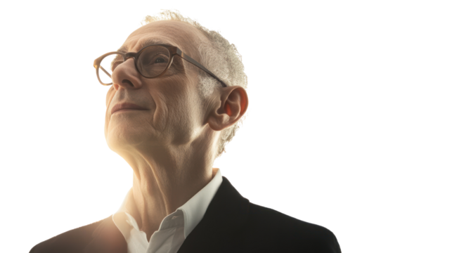 A thoughtful older man gazing upwards, exuding wisdom and calmness, with a soft light enhancing his features against a white background.